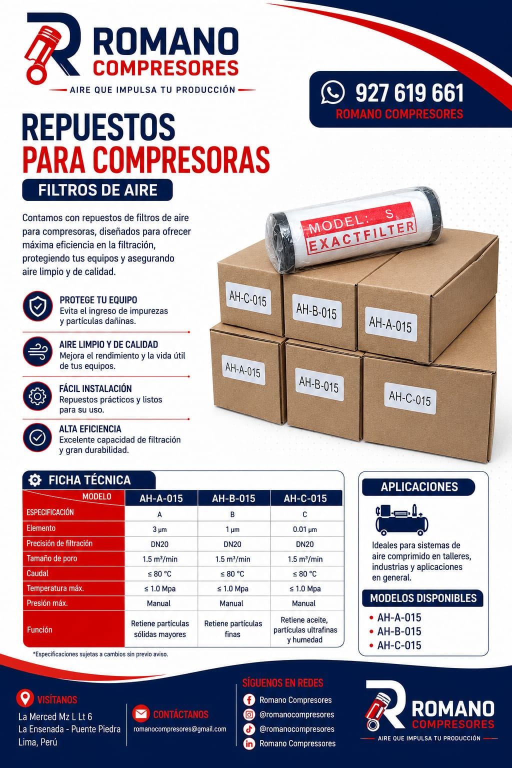 Ficha técnica de filtros de línea AH-A-015, AH-B-015 y AH-C-015 para compresores